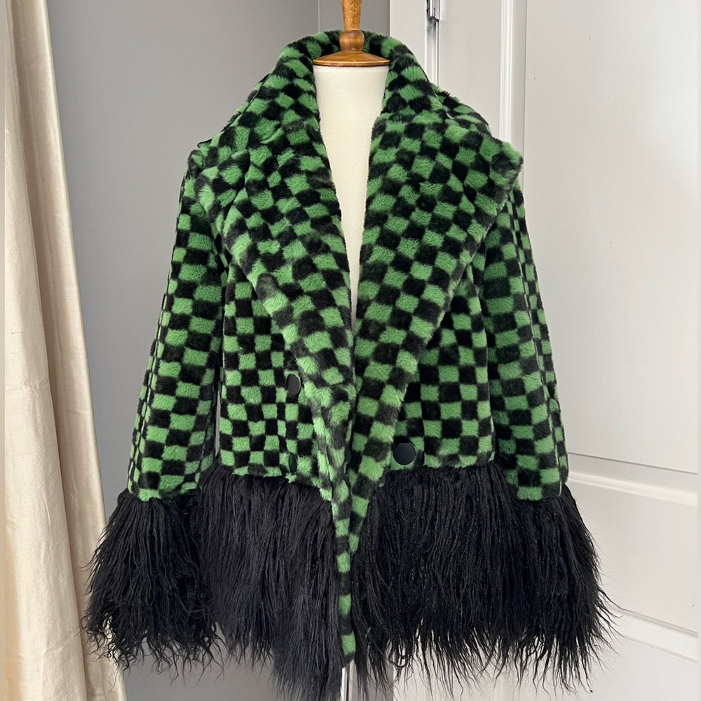 JAYLEY Faux Fur green and black checkered coat w/ Mongolian trim and cuffs